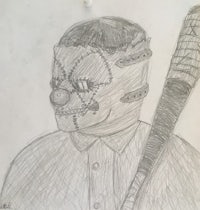 a drawing of a clown holding a baseball bat