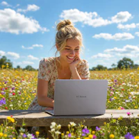a young woman using a laptop in a field of flowers