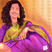 a drawing of a woman in a purple sari
