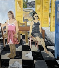 a painting of two women in a room with yellow shutters
