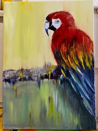 a painting of a red parrot sitting on a branch