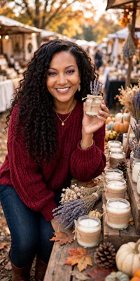 a woman holding a candle at an outdoor market