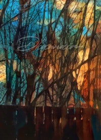 a watercolor painting of trees and a fence
