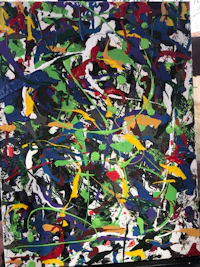 an abstract painting with colorful splatters on it