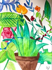 a watercolor painting of plants in a pot