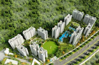 an aerial view of a residential complex surrounded by trees