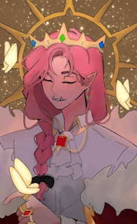 a girl with pink hair and a crown on her head