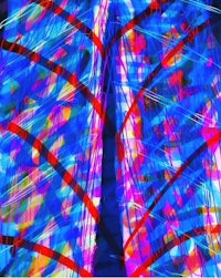 an abstract painting with blue and red lights