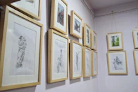 a group of framed drawings on a wall