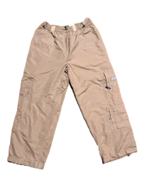 a pair of tan cargo pants on a black background