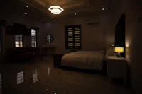 a bedroom with a bed and a lamp