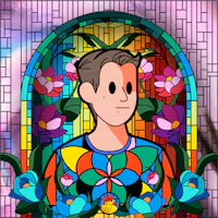 a cartoon of a man in front of a stained glass