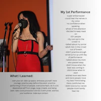 a woman in a red dress is singing into a microphone
