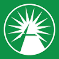 a green and white logo with a sun in the middle