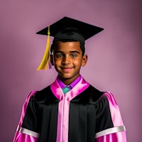 a young boy in a graduation gown posing for a photo