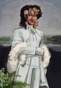 a painting of a woman in a white coat