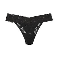 a black lace thong on a white background
