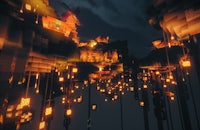 an image of a minecraft village at night