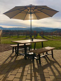 a picnic table with an umbrella in front of a vineyard