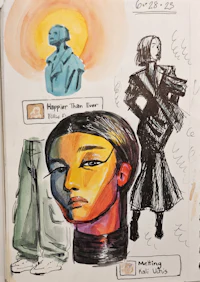 a sketchbook with drawings of a woman and a man