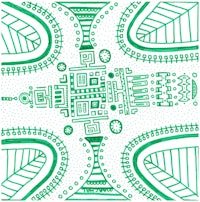 a green and white drawing with doodles on it