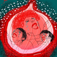 an illustration of a red onion with two people in it