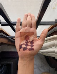 a person's hand with a checkered pattern on it