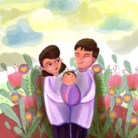 a man and woman holding a baby in a field of flowers