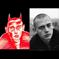 a black and white drawing of a man with a red devil head