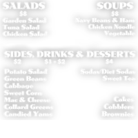 a black and white menu with different salads, soups, and desserts
