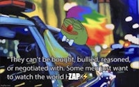 a frog in a police car with the caption they can't be brought, bullied, reasoned or regulated with
