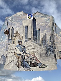 a sweatshirt with an image of a man sitting on a throne