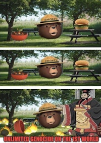 a picture of a bear with a hamburger on a picnic table