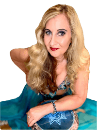 a woman in a blue dress posing with a drum