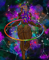 a black woman with a hula hoop in front of a colorful background
