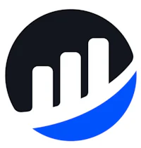 a blue and black logo with a bar graph