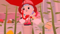 a girl is holding an umbrella in front of a potted plant