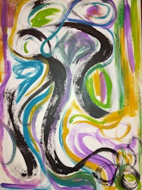 an abstract painting with purple, green, and blue colors