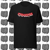 a black t - shirt with a red logo on it