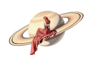 a woman in a red dress sitting on top of a saturn