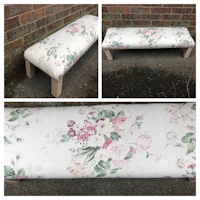 four pictures of a bench with floral fabric on it