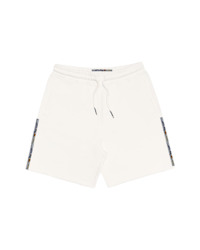 a white short with a blue stripe on the side