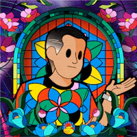 a stained glass painting of a man in front of flowers