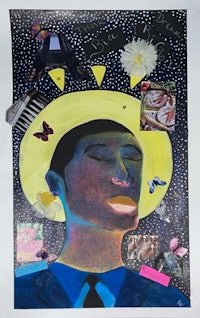 a collage with a man in a hat