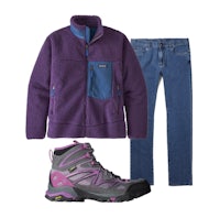 a purple jacket, jeans and boots are shown