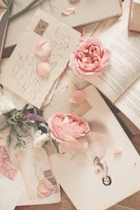 a pile of books and roses on a wooden floor
