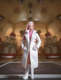 a barbie doll in a white coat standing in a room