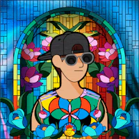 a cartoon of a man with sunglasses in front of a stained glass