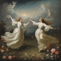 a painting of two women dancing in a field of flowers