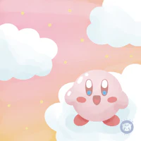 a pink kirby sitting on top of a cloud